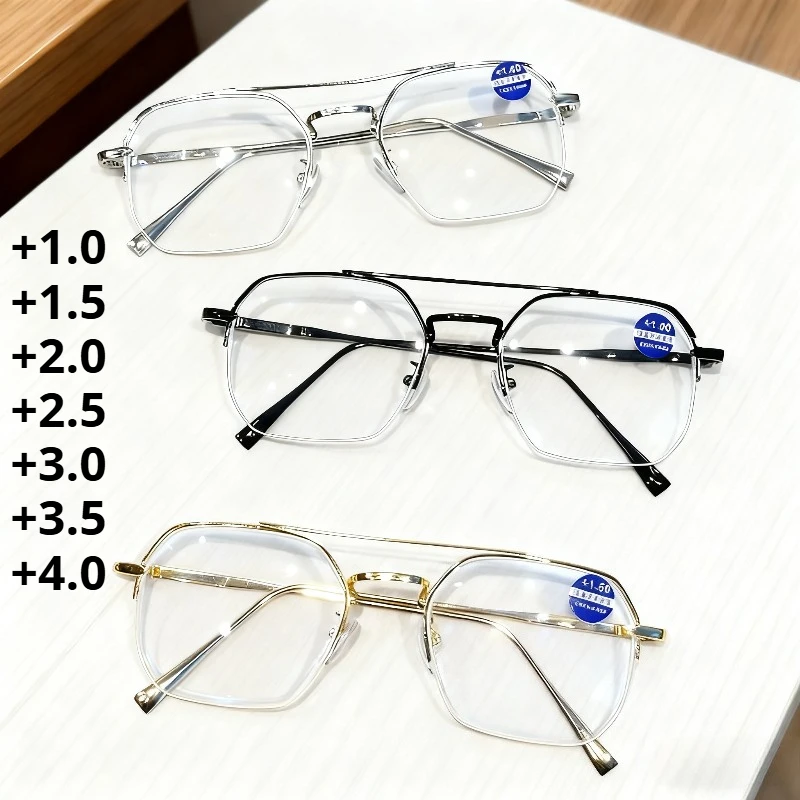 

Metal Semi-Rimmed Anti-Blue Light Presbyopia Glasses Stylish Retro Double-Bridge Square Frame Reading Eyewear +1.0 To +4.0
