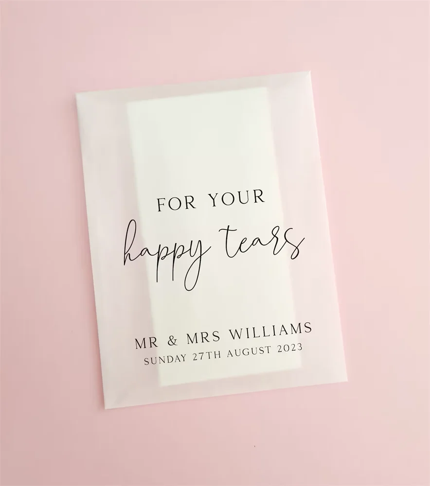 25pcs Happy Tears Wedding Tissues Packets 100% Biodegradable Glassine - Pre Filled Wedding Tissue Bag Personalised