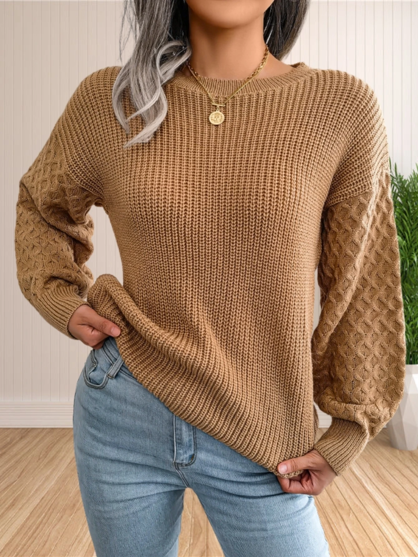 Sweater for Women Cable Knit Crew Neck Long Sleeves Fashion Casual Pullover Sweater Tops