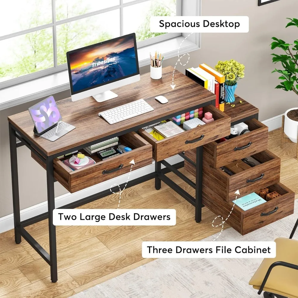 Computer Desk with 5 Drawers, Home Office Desks with Reversible Drawer Cabinet Printer Stand