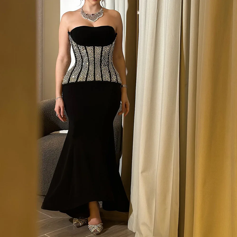 

Customized A-Line Prom Dresses Ankle-Length Strapless Sleeveless Evening Gown Fashion Crystal Simple Draped Casual Party Gown