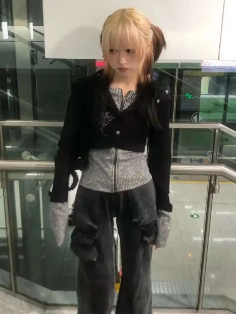 Gothic Japanese Y2k Fake Two-Piece Knitted Top 2000S Hooded Jacket Vintage Haruku Knitwear Grunge Aesthetics American
