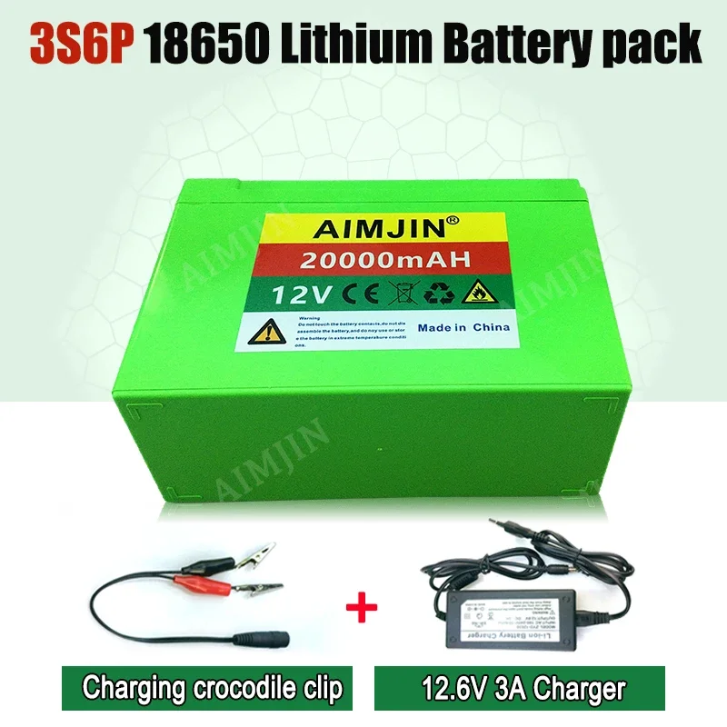 12V Battery 20000mAh High Current 3S6P 20A with BMS 18650 Lithium Battery Pack for electric vehicle ,with Charger