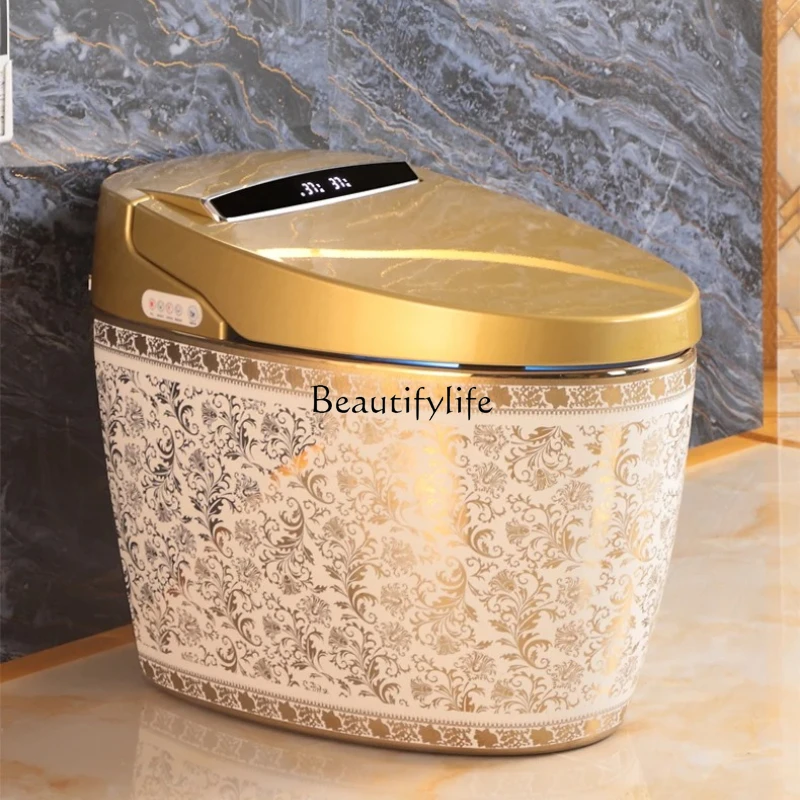 

European-style golden integrated smart toilet, automatic flip cover, turn over circle, splash-proof foam shield, electric toilet