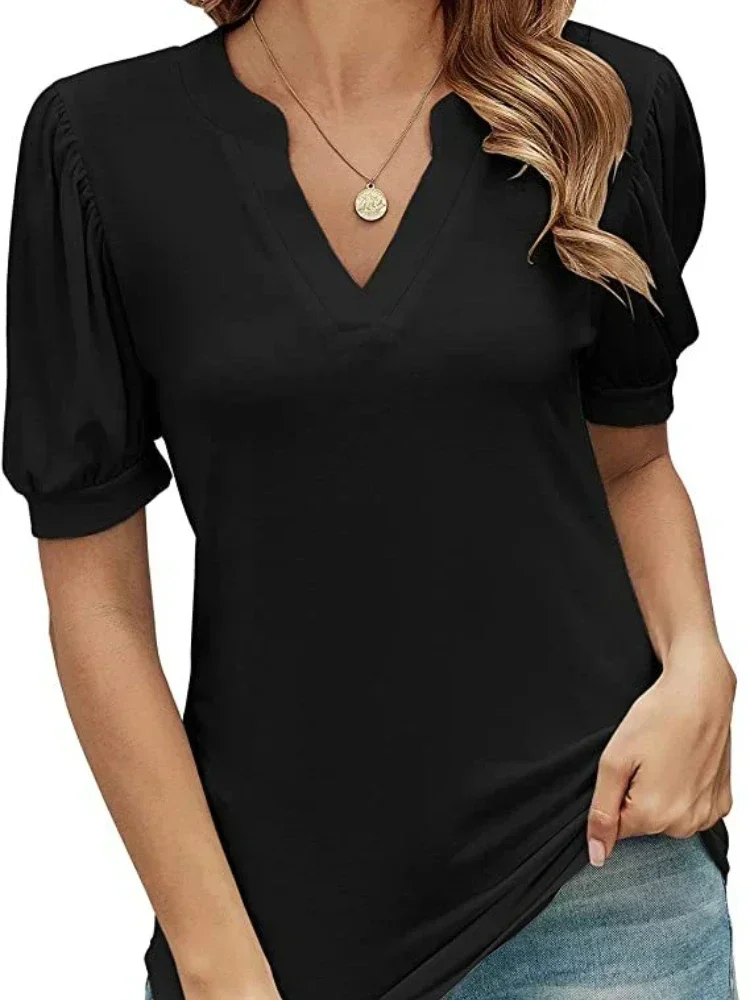 Camiseta sólida de manga corta con cuello en V para mujer, Tops para verano