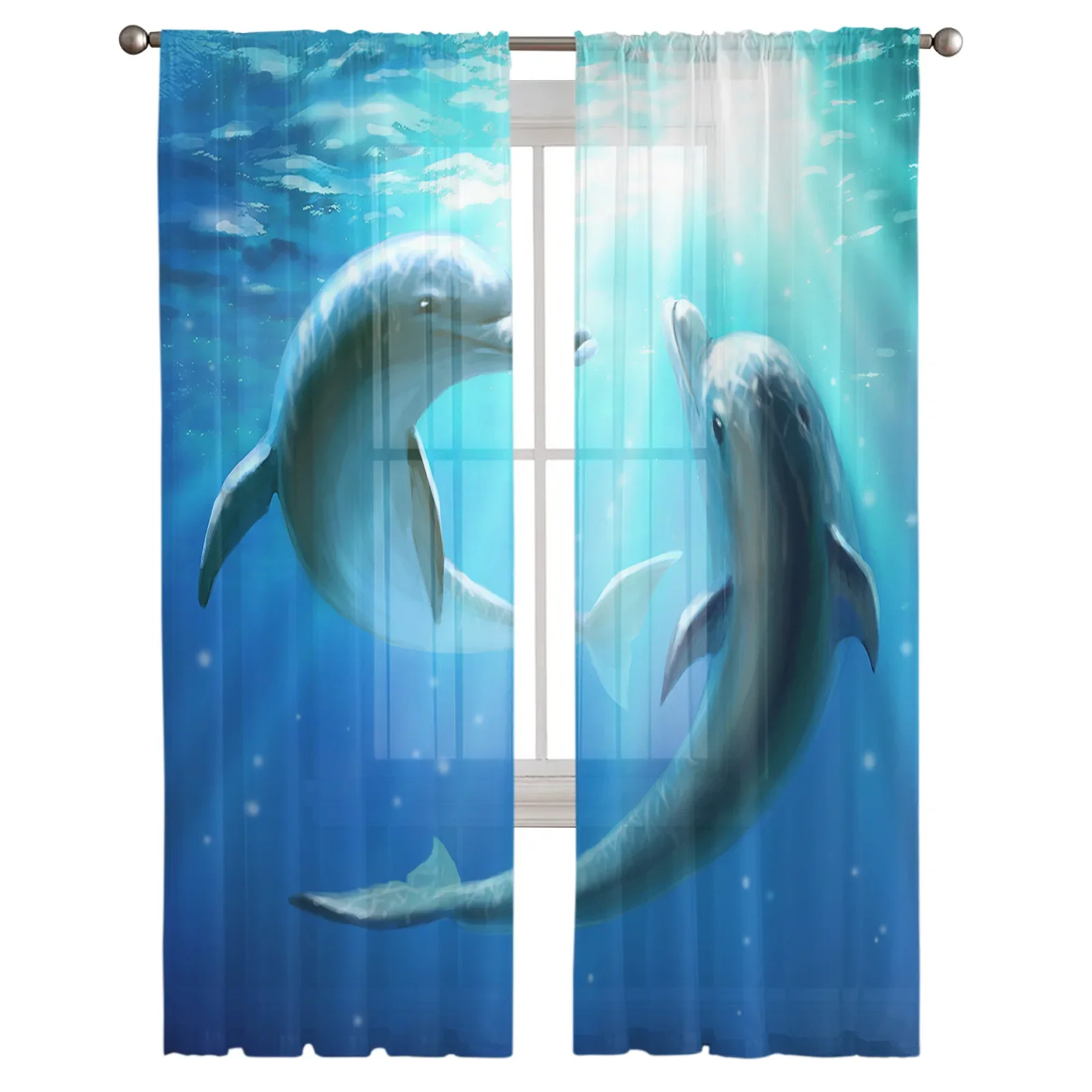 Dolphin Swim Blue Nice Cute Voile Sheer Curtain for Living Room Window Treatments Home Cafe Decor Bedroom Chiffon Tulle Drapes