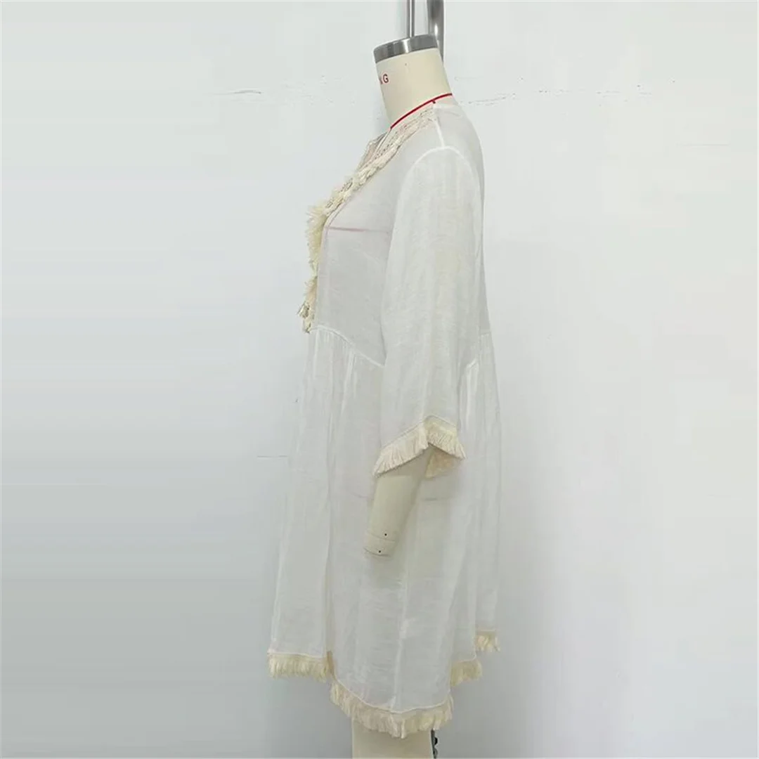Splicing Halbarm-Quasten-Häkel-Strick-Tunika, Strand-Überwurf, Strandkleid, Strandmode, Damen V8545 – Detail 10