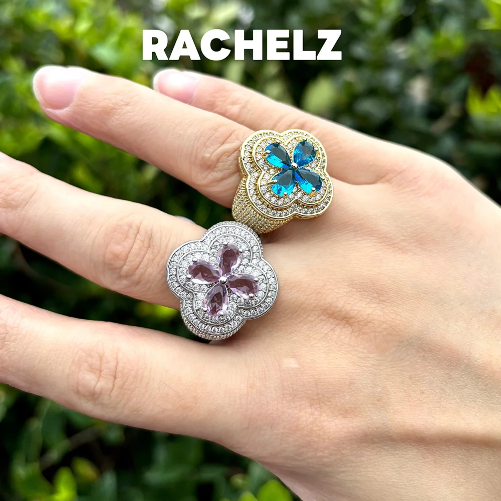 RACHELZ الهيب هوب مثلج خارج تشيكوسلوفاكيا حجر زهرة الزركون خواتم الاتجاه لامعة مكعب زركونيا البنصر للنساء الرجال المجوهرات يوميا #1