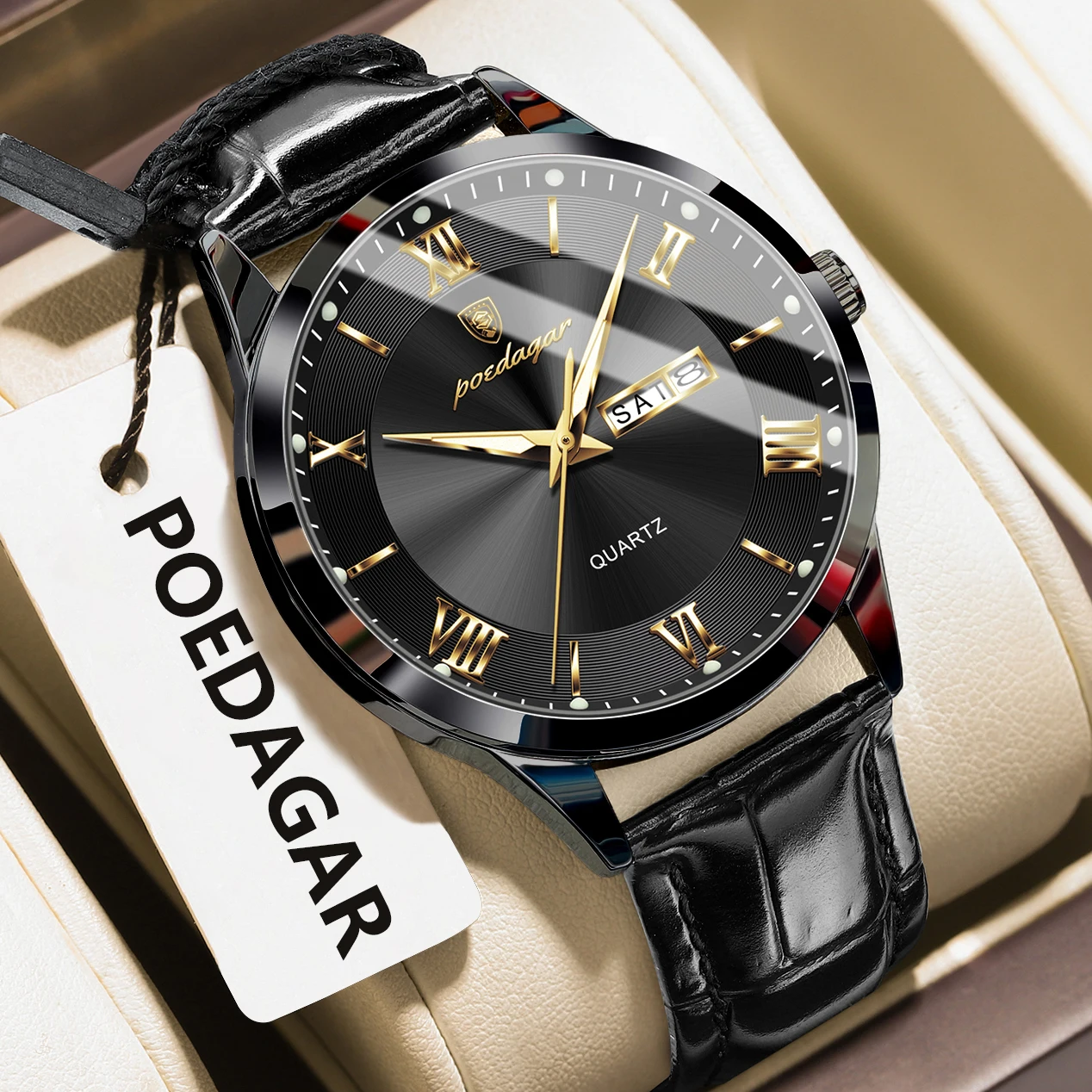 POEDAGAR Original Luxury Wristwatch For Men Waterproof Luminous Date Week Leather Man Watch Simple Business Quartz Men's Watches