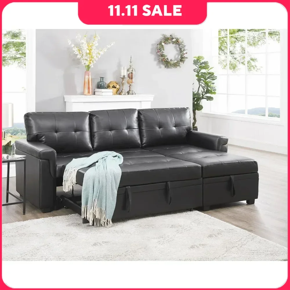 Sectional Sofa Sleeper with Storage Chaise Tufted Pull Out Couch with Storage L-Shaped Reversible Sleeper Sofa