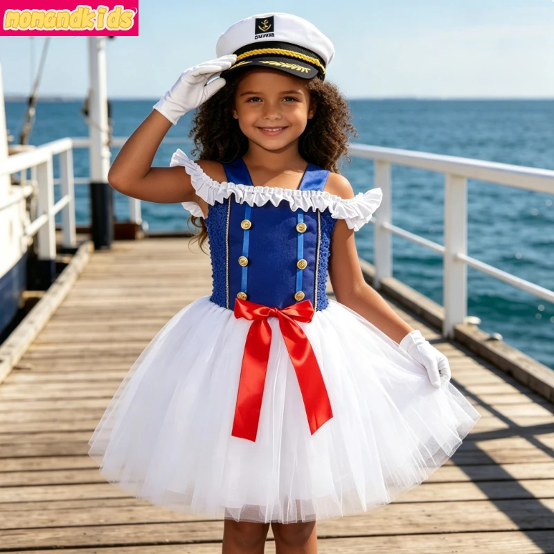 Girls Blue White Sailor Marine Navy Sparkly Tutu Dress With Gloves Hat Holiday Party Role Play Stage Performance Uniform Outfit