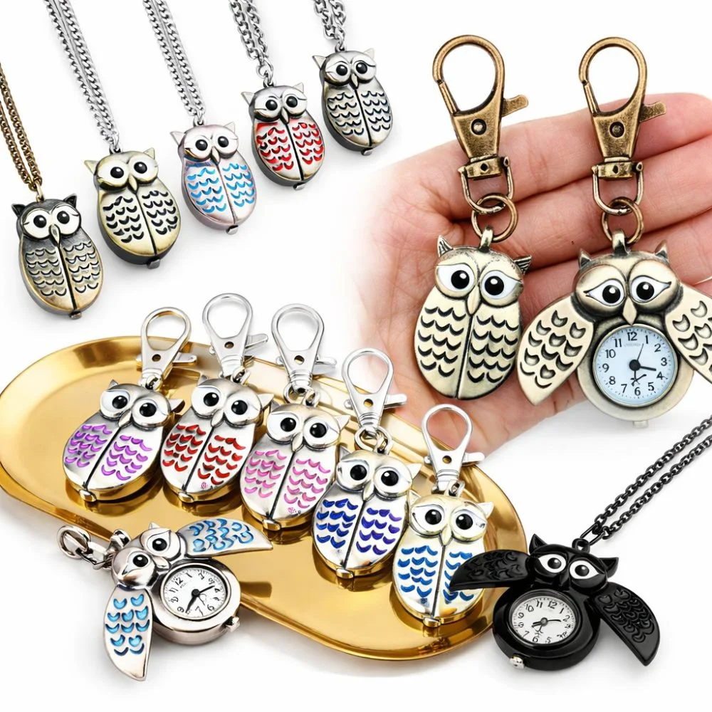 Fashion Owl Shape Pocket Watch Keychain Flip Style Antique Hang Watch Retro Classic Necklace Clock For Unisex Adults Children