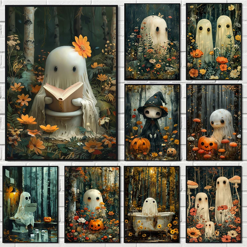 Cute Pumpkin Ghost in Bathtub Poster Prints Dark Academy Gothic Halloween Vintage Canvas Printing Wall Decor Home Room Decor