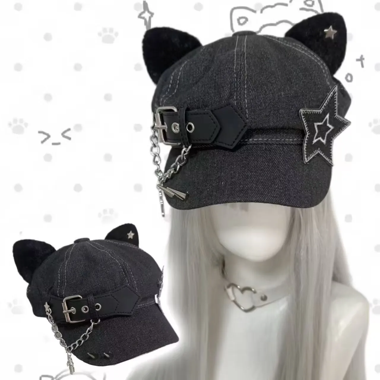 Women's Y2K Punk Streetwear Cat Ear Rivet Leather Beret Handmade Cap Gothic Lolita Harajuku Style Cowboy Hat for Girls