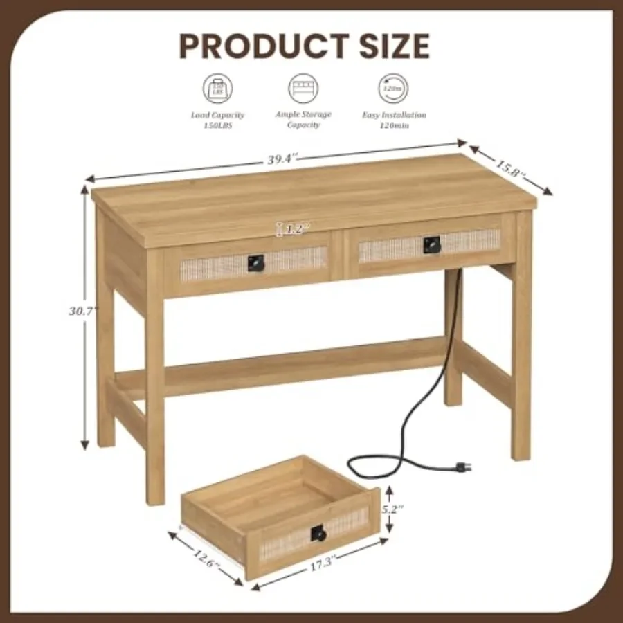 Rattan computer desk for small spaces with 2 drawers, 39-inch farmhouse boho vanity desk in natural brown, featuring power outl