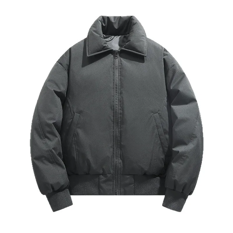 เสื้อโค้ทผู้ชายฤดูหนาวแบบใหม่ หนา อุ่น แขนยาว แจ็คเก็ตขนเป็ด สไตล์สตรีทแวร์ สีพื้นเรียบง่าย คอตั้ง ทรงหลวม เสื้อคลุมผู้ชาย