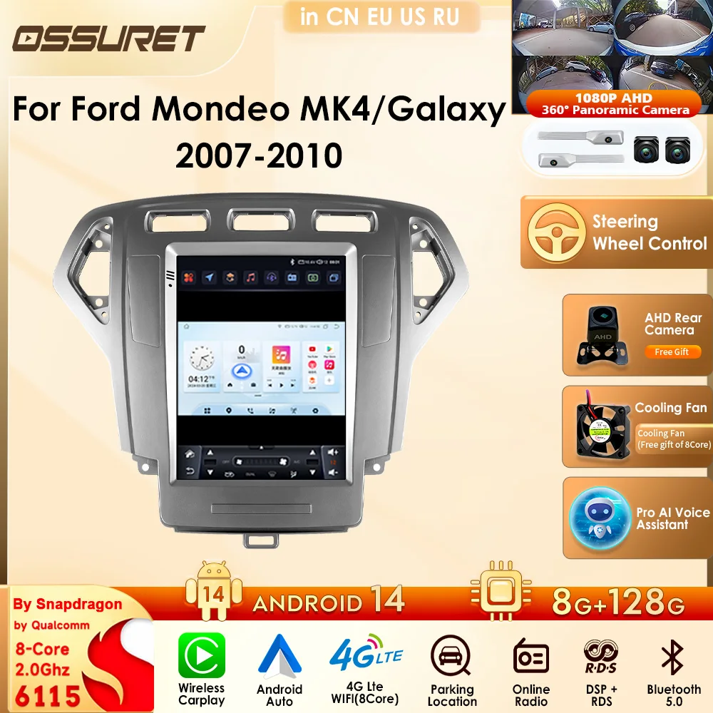 Central Multimídia Automotiva 9.7" Android 14 com Carplay Sem Fio e GPS para Ford Mondeo MK4 Galaxy 2007 - 2010, Player de Carro 4G DSP BT RDS 2 Din Estéreo SWC