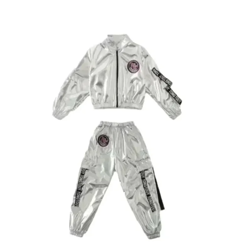 1Set/Lot Boy Girl Hip-Hop Set Silver Color Children Performance Jazz Clothes Dance Costume MN4