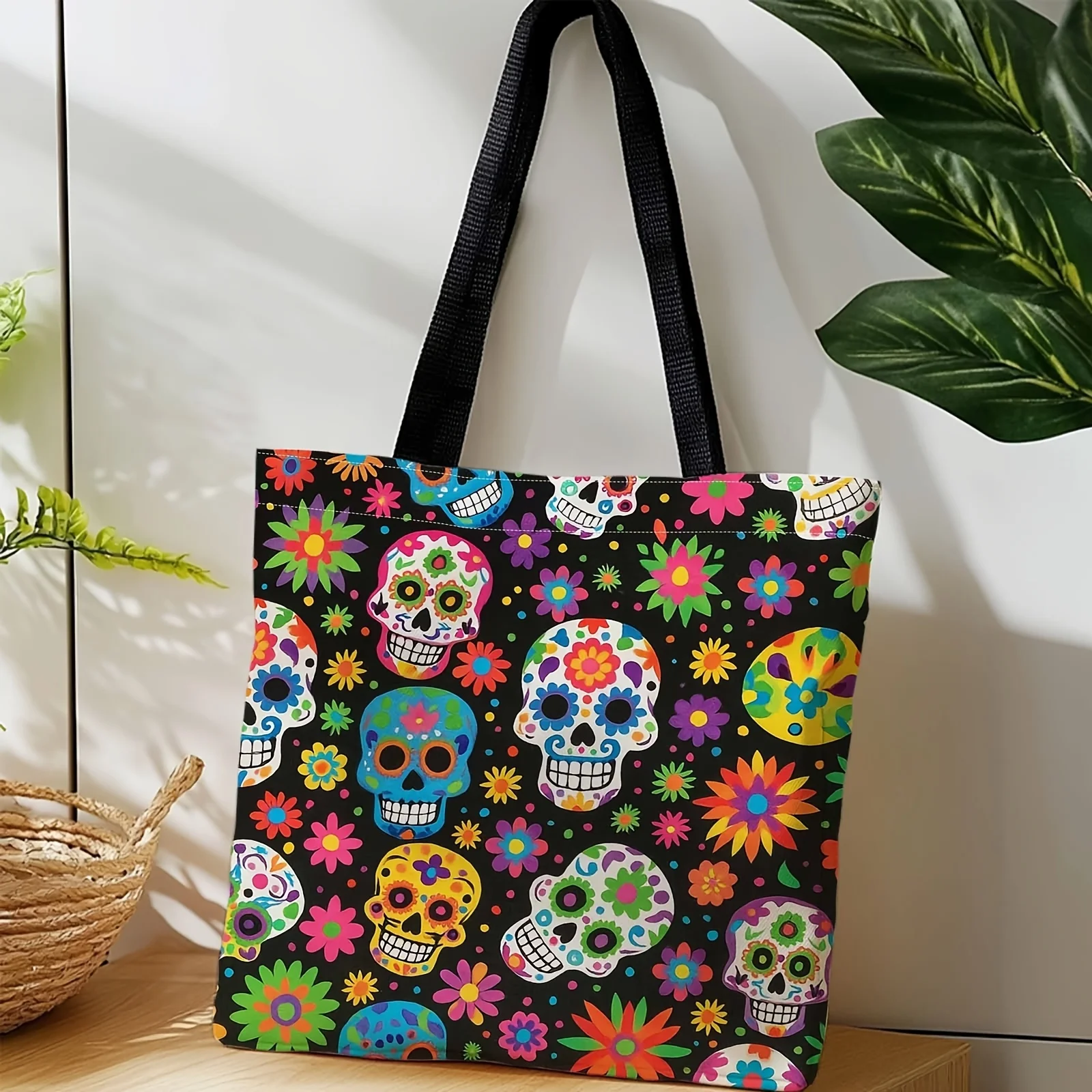 1pc Large Capacity Durable Tote Bag Sugar Skulls Colorful Flowers Design, Black Background Machine Washable Polyester