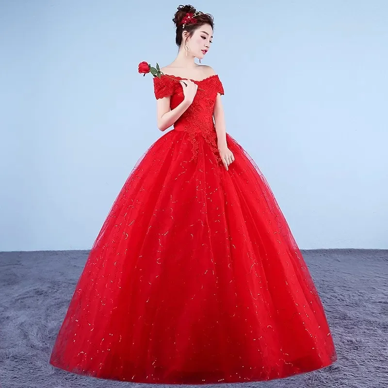 Cheap Wedding Dress Red Off the Shoulder Sequin Bling Tulle Princess Floor-length Lace up Plus size Simple Bride Ball Gown XN033