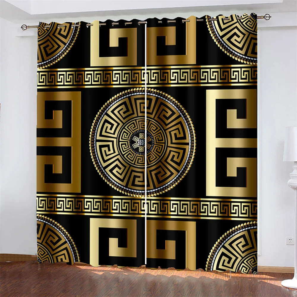 2 Pcs Vintage Greek Maze Curtains Gold Black Pattern Living Room Bedroom Window Decoration Luxury Style Curtains