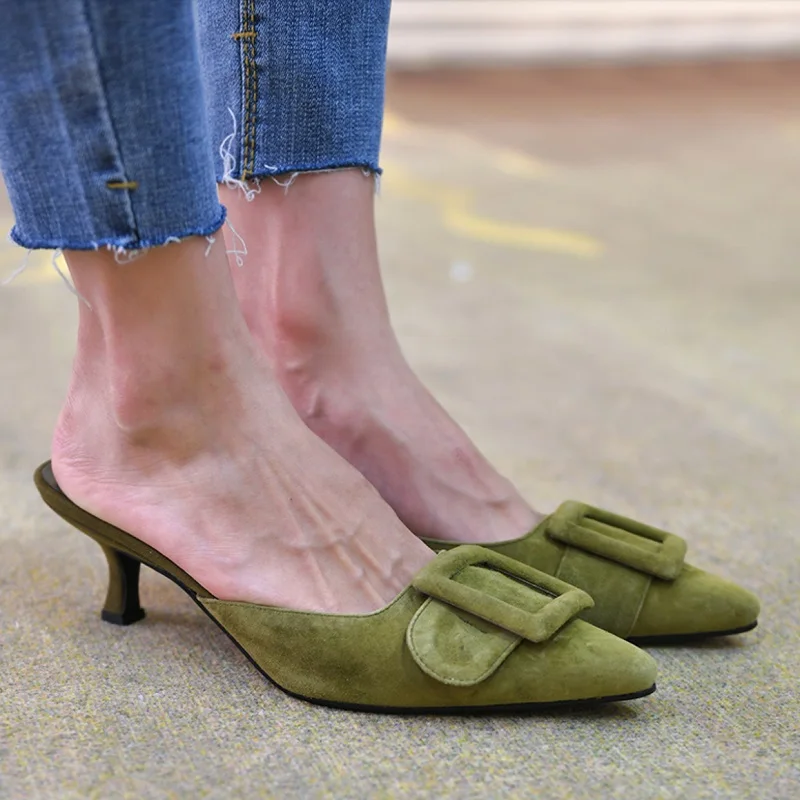 2022 Woman Summer sandals Lady mules big size 42 basic style shoes kid suede french style buckle slippers Women pump pointed toe