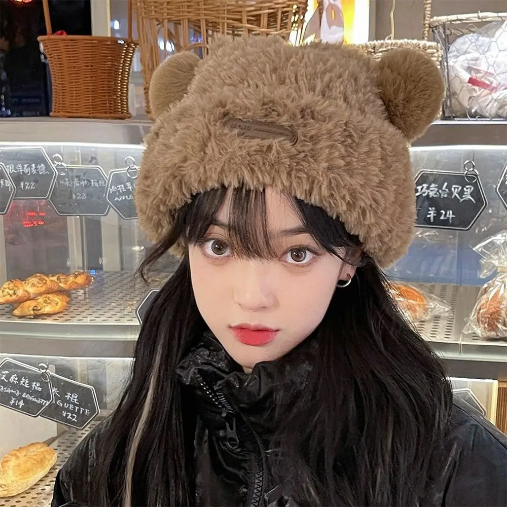 Cute Ear Women Earmuffs Cap Cartoon Bear Ear Protection Hat Solid Color Plush Beanies Girl Winter Warm Fluffy Fur Headgear 모자