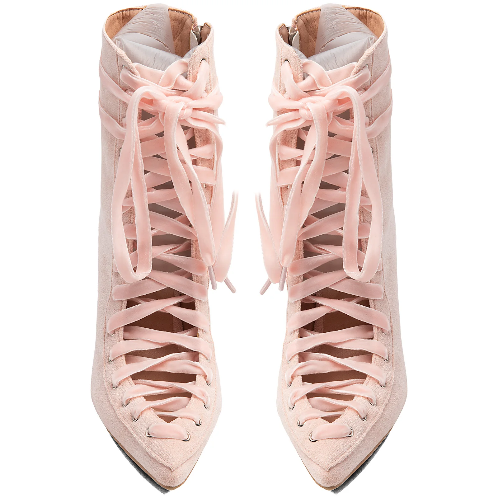 Autumn Winter Women Pink Suede Ankle Boots Stiletto Heel Pointed Toe Silk Ribbon Lace Up Wrap Around Fashion Sweet Short Boots