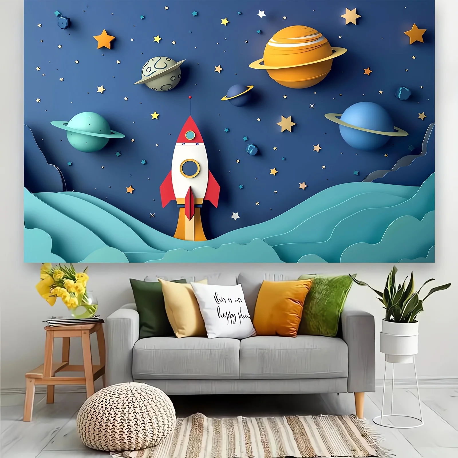 Space-Themed Photography Backdrop - Cartoon Spaceship & Galaxy Design, Polyester, Versatile For Birthday