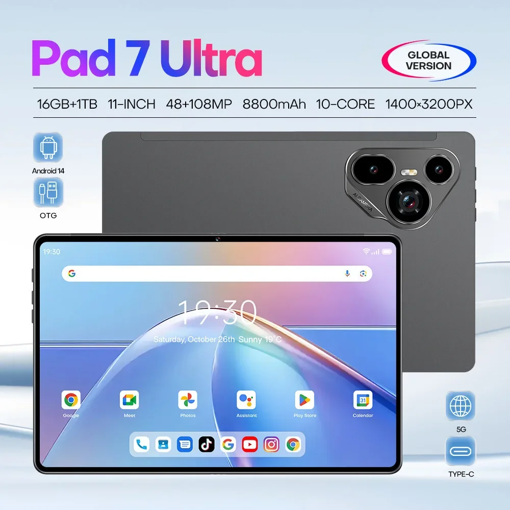 Планшетный ПК Pad 7 Ultra LED TV 10.1 дюйма с функцией звонков, две SIM-карты, двойной режим ожидания, 16 + 1 ТБ