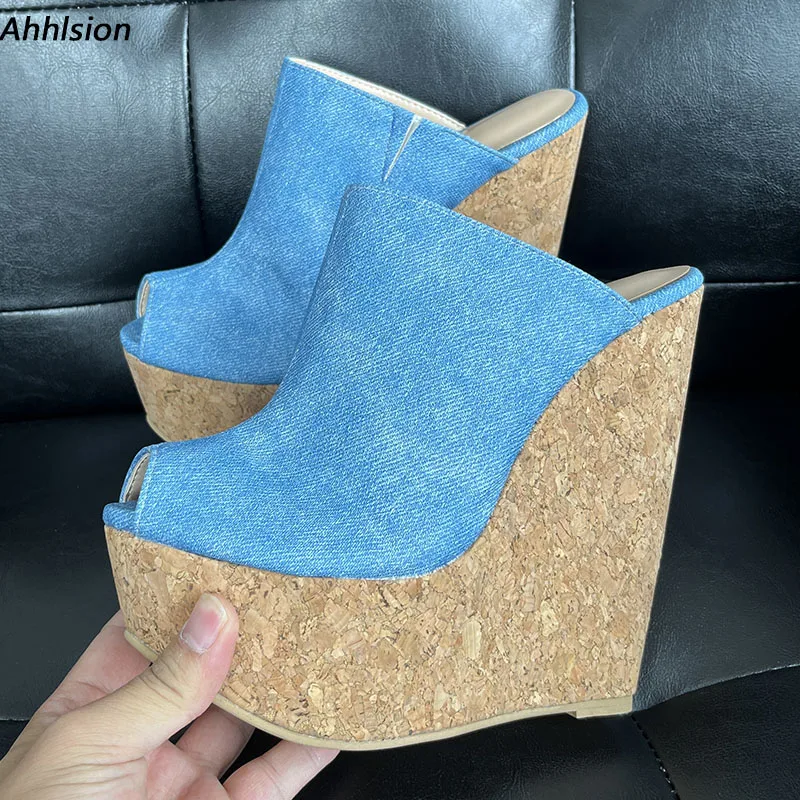 

Ahhlsion Высококачественные женские босоножки без шнуровки на танкетке с открытым носком, довольно светло-голубые повседневные туфли, женские большие размеры США 5-20