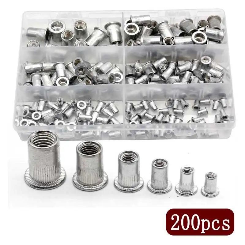 200pcs M3 M4 M5 M6 M8 M10 Aluminum Flat Head Rivet Nuts NutsInsert Cap Thread Insert Rivet Nut Assortment Kit