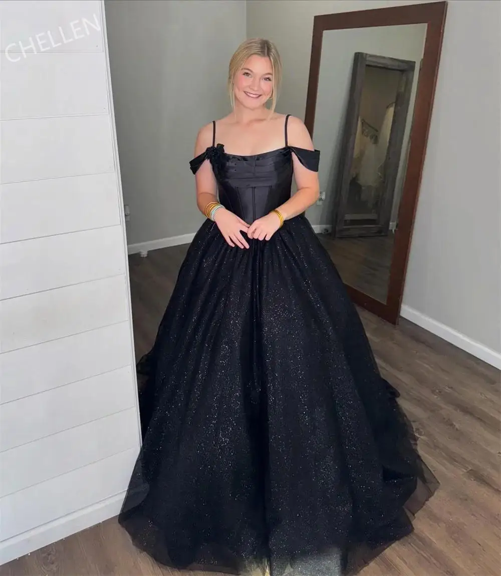 

Customized Off Shoulder Boll Gown Evening Dress Spaghetti Strap Plus Size Wedding Dress Floor-Length Shiny Sequins Prom Dresses