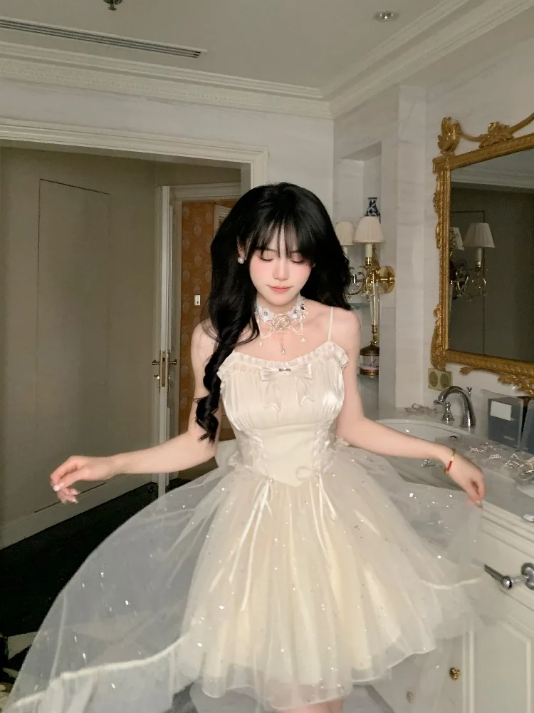 Japanese Lolita Kawaii 2 Piece Set Women Sweet Y2K Lace Chiffon Dress Suit Female Gauze Cardigan + Suspender Party Mini Dress