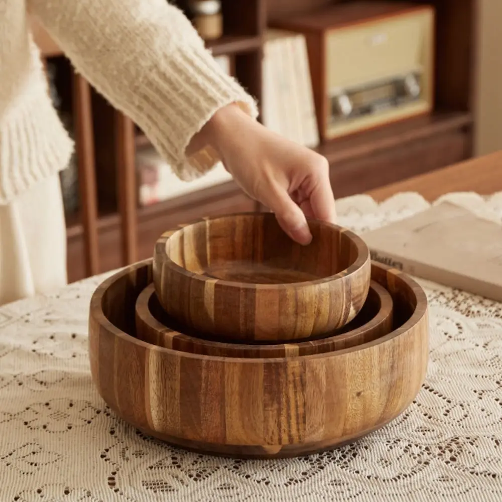High-end Vintage Acacia Wooden Bowl Rustic Style Scald-resistant Salad Bowl Thickened Moisture-resistant Fruit Serving Bowl Oats