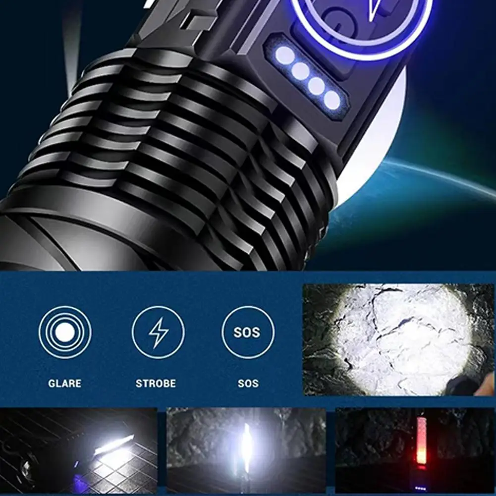 High Power LED Flashlights Tactical Emergency Strong Spotlights Torch Zoom Telescopic Camping Built-in Rechargeable USB Bat M1Y3