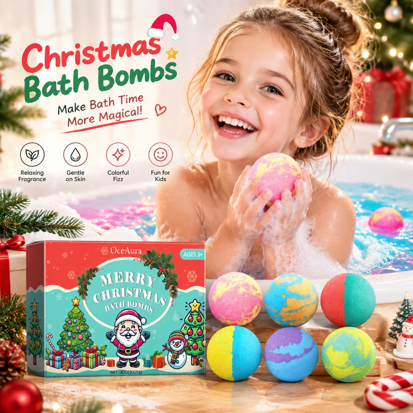 OceAura Christmas Bath Ball Gift Set Quick Dissolve Rainbow Bath Balls Moisturize Long Lasting Fragrance Rich Foam Bath Balls