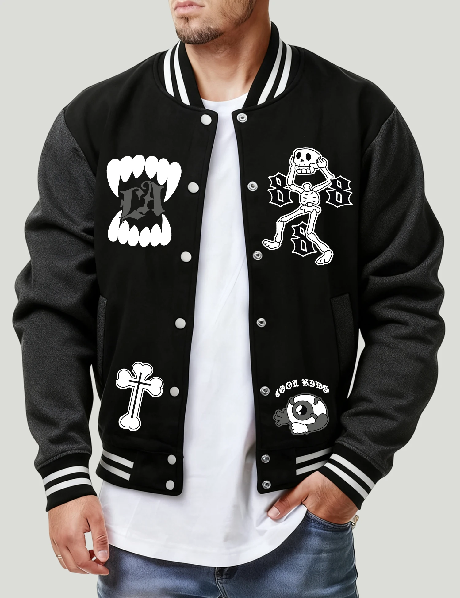 

Twisted Skeleton Man Print Men Jackets Cute Fleece Loose Jacket Funny Streetwear Autumn Warm Pullover Unisex Baseball Jersey