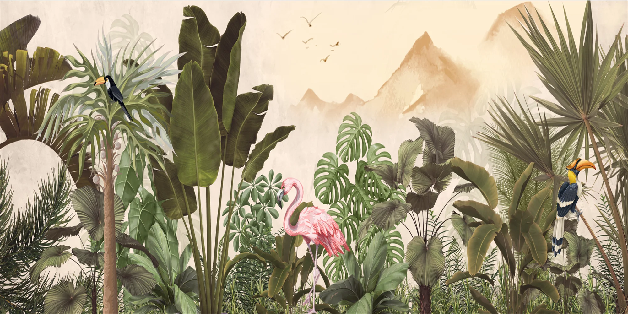 

Пользовательские шелковые 3D обои с фламинго и листьями Юго-Восточной Азии, дизайн для декора детской комнаты, настраиваемые обои