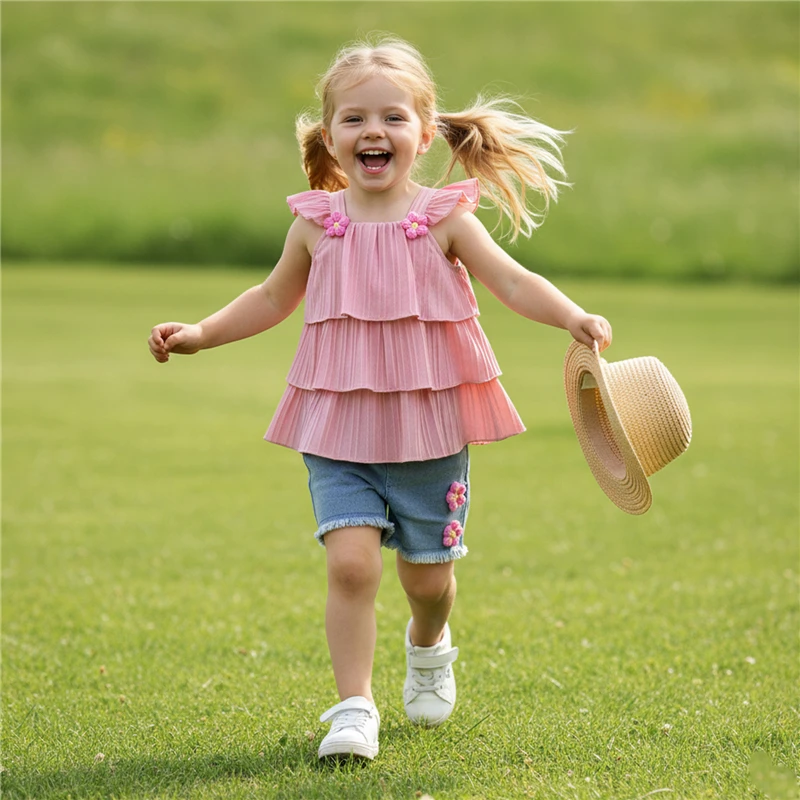 

Комплект детской одежды для девочек: вязаный крючком топ с цветочным узором и многоярусными оборками из шифона, а также джинсовые шорты.