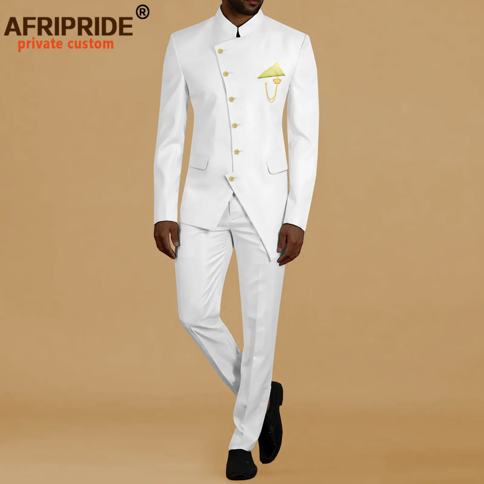 

African Suit for Men Single Breasted Chains Jacket with Kerchief and Pants 2 Piece Set Dashiki Clothes for Wedding A2216018