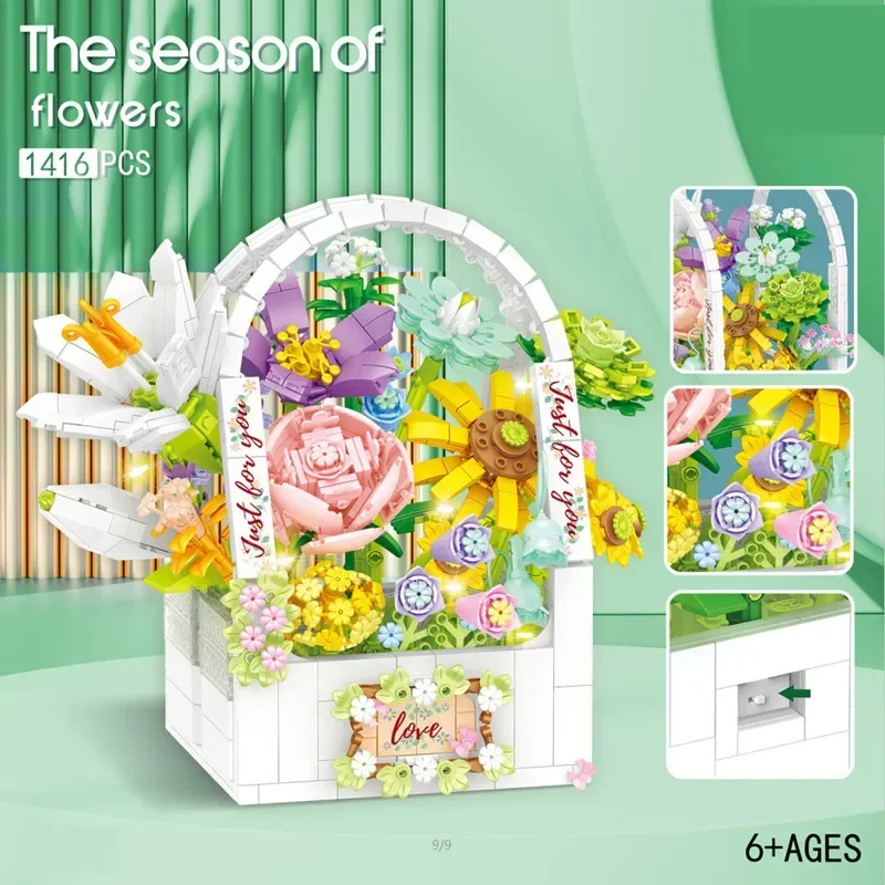 Summer Sunshine Flower Basket Building Blocks Bouquet Bricks Toys Home Decoration Children Holiday Gift