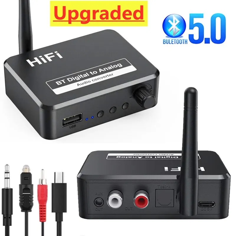 Digital to Analog Audio DAC Converter Adapter Digital SPDIF Optical Toslink to 3.5mm 3.5 AUX Jack RCA L/R Bluetooth 5.0 Receiver