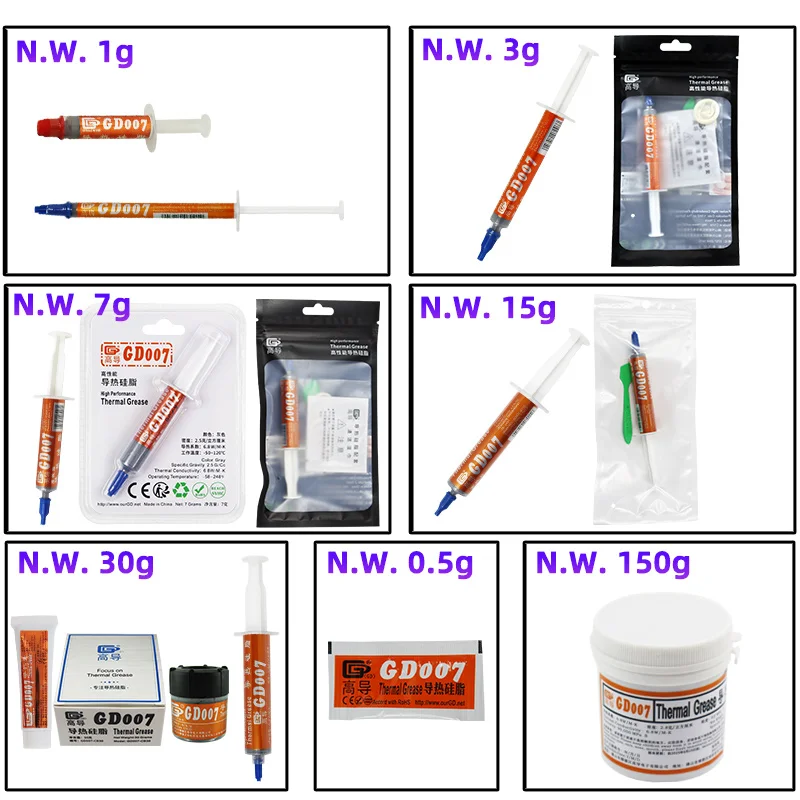 GD007 Thermal Grease Paste Plaster Heat Sink Compound Cooling Net Weight 0.5/1/3/7/15/30/150 Grams for CPU SSY ST CB CN MB BA BR