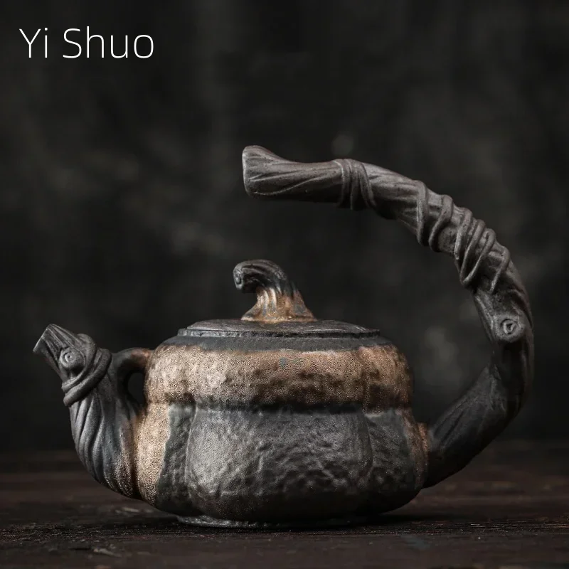 Gold Pumpkin Loop-Handled Teapot Japanese Style Handmade Stoneware Teapot Single Teapot Ceramic Kung Fu Tea Tea Ceramic