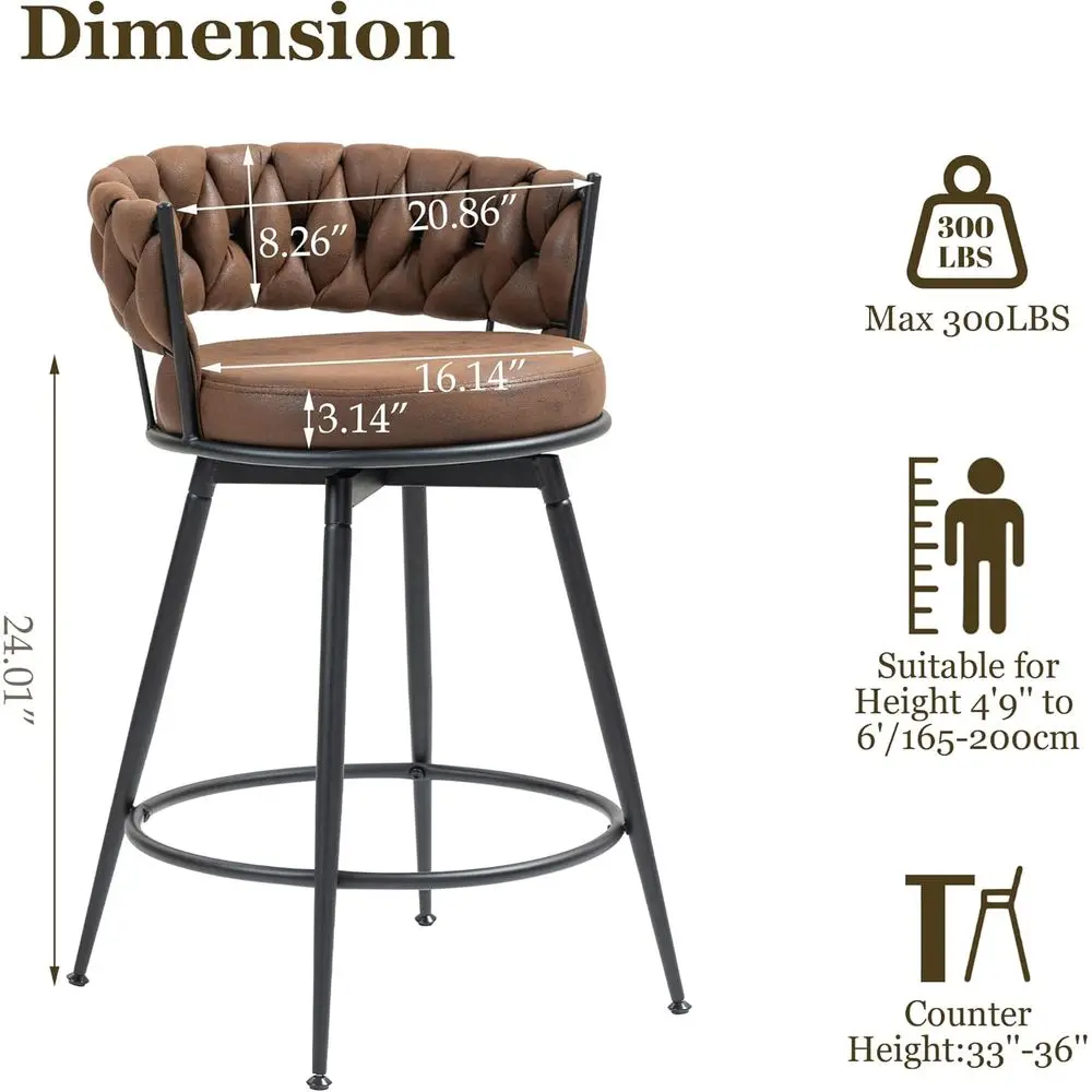 เก้าอี้บาร์หมุนได้ 3 ชิ้น 24 นิ้ว พร้อมพนักพิงทอและเบาะหนังกลับ โครงโลหะและที่วางเท้า เหมาะสำหรับห้องครัว I