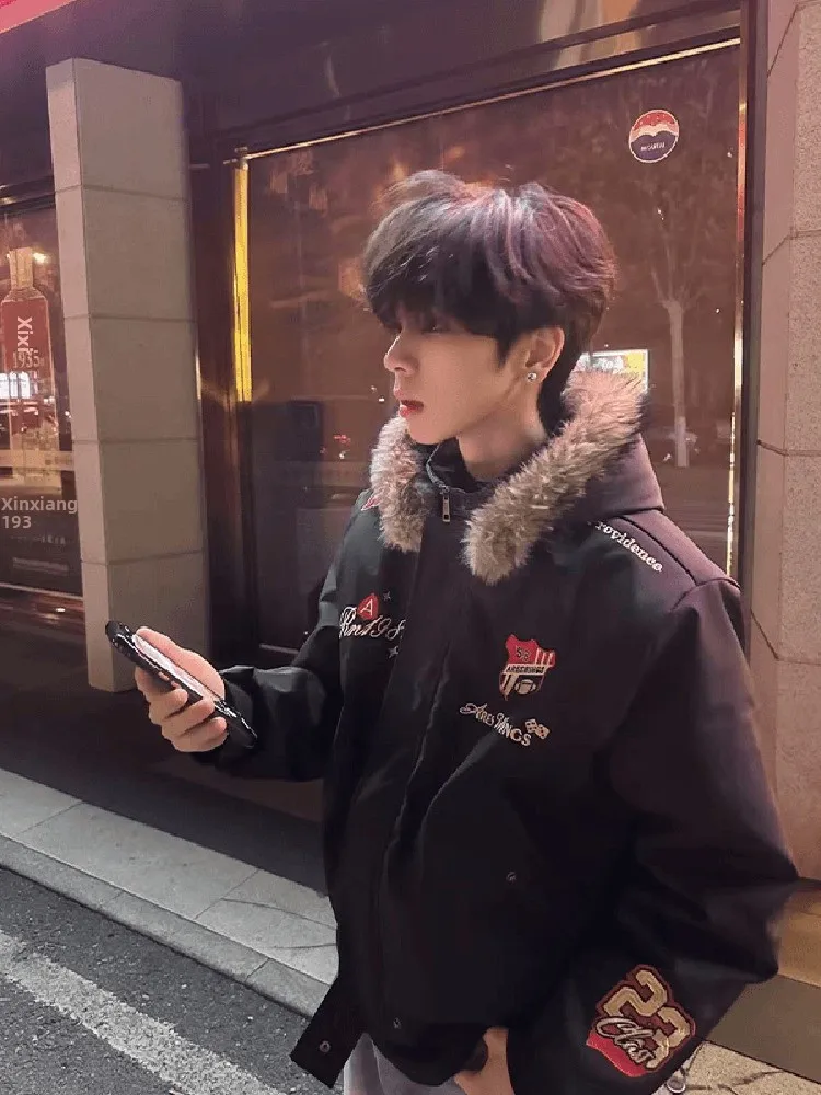 

American Retro Embroidered Bae Removable Fur Collar Hooded Cotton Jaet Thiened Autumn Winter Men Women Downproof Coat