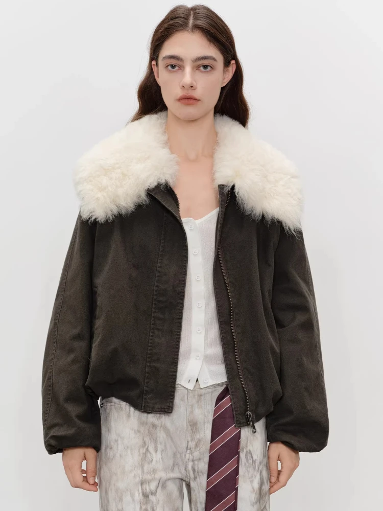 

Natural Toscana Lamb Fur Collar Goose Down Jackets for Women 2026 New High-end Simple Vintage Loose Short Winter Down Coat