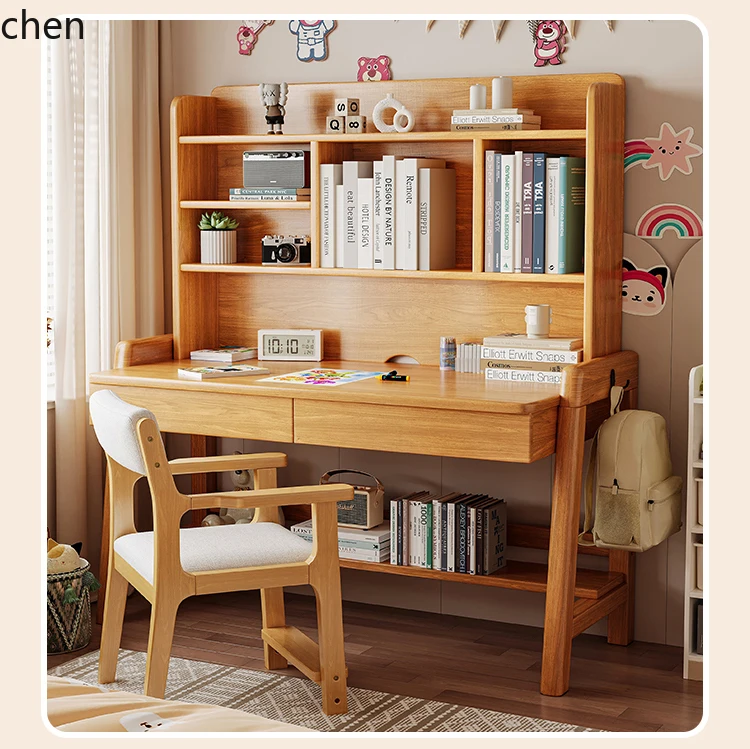 HT Solid Wood Integrated with Bookshelf for Home Bedroomt Primary and Secondary School Students Writing Desk and Chair