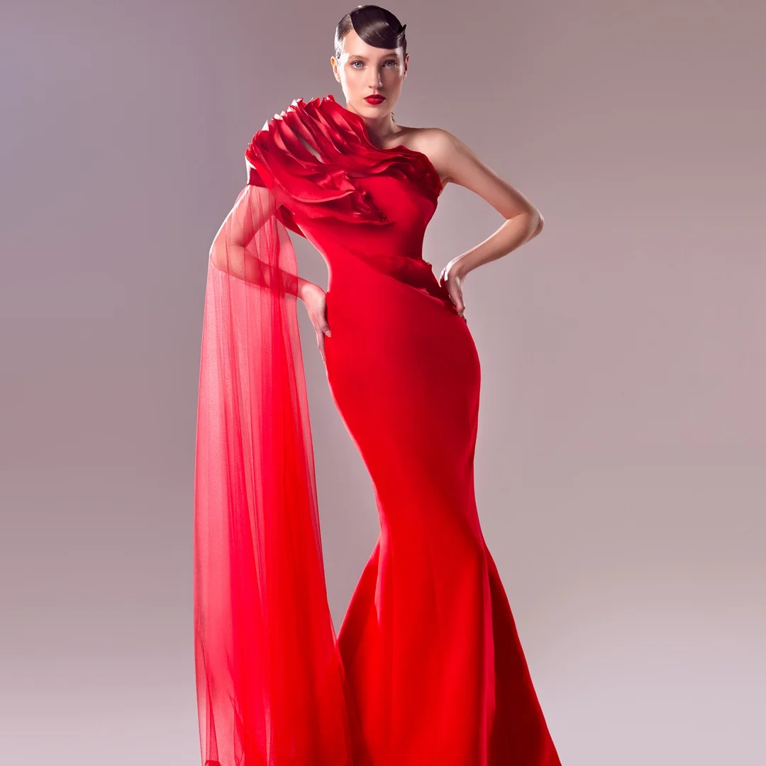 تخصيص حساسة جيرسي حورية البحر كتف واحد المتدرج فساتين السهرة قصيرة الأكمام سستة الظهر واتو قطار حفلة موسيقية الدكتور #2